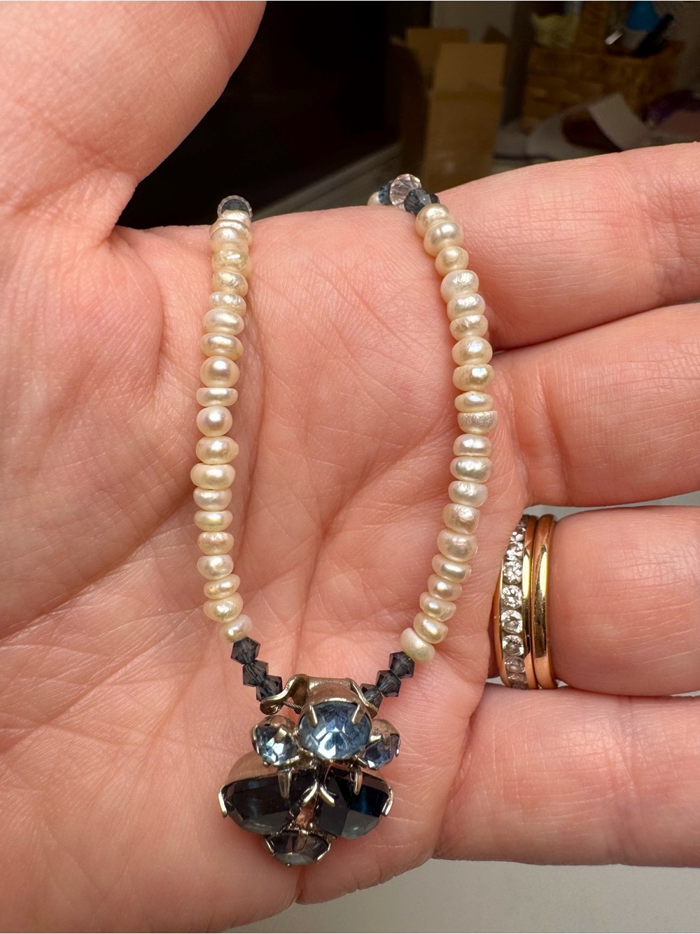 Pearl and Blue Crystal Pendant Necklace